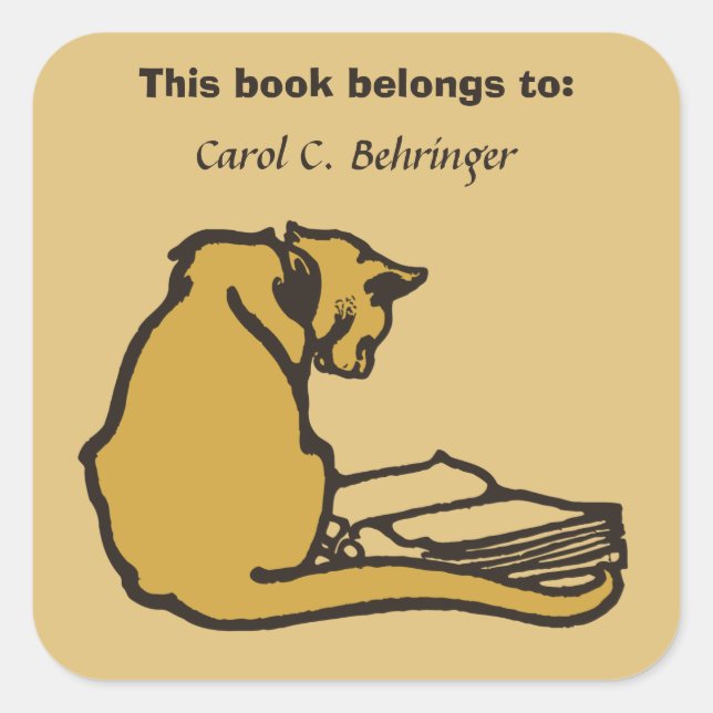 Cat and book, vintage bookplate customisable square sticker (Front)