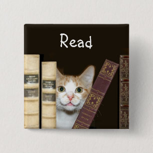Cat and books 15 cm square badge