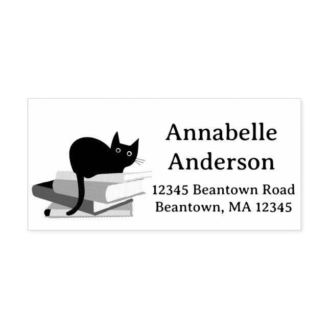 Cat and Books Address Personalise Rubber Stamp (Imprint)