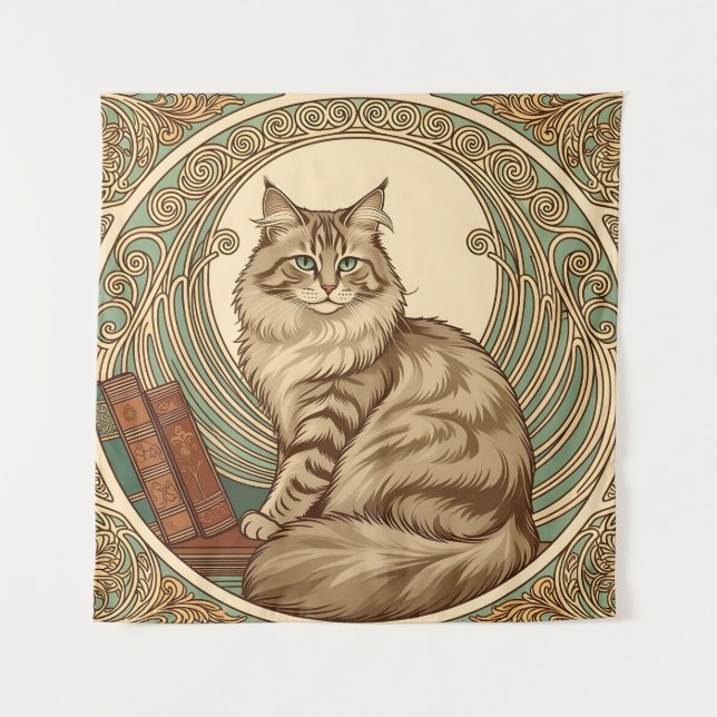 cat and books framed with geometrical ornament tapestry (Front)