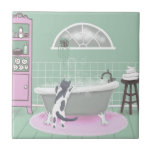 Cat and Bubble Bath Pink Sage Art  Tile<br><div class="desc">A darling grey and white kitty watches the bubbles rise from a running bath. Pinks and sage greens dominate this cosy scene. My artist life was creating narratives about cats and cat life for many years. In this series of art tiles,  I return to my terry johnson tiles.</div>