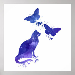 Cat and butterflies art poster