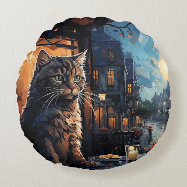 Cat and Cafe at Night  Round Cushion (Front)