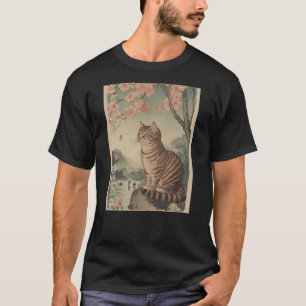 Cat and Cherry Blossom tree Japanese Woodblock ART T-Shirt