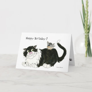 Cat and Chickadee Birthday Card