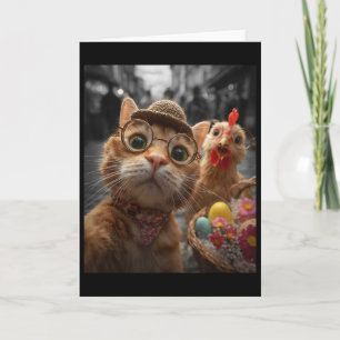 Cat And Chicken Selfie Funny Vintage Easter Eggs Card