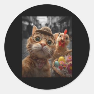 Cat And Chicken Selfie Funny Vintage Easter Eggs Classic Round Sticker