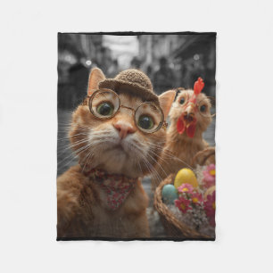 Cat And Chicken Selfie Funny Vintage Easter Eggs Fleece Blanket