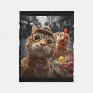 Cat And Chicken Selfie Funny Vintage Easter Eggs Fleece Blanket