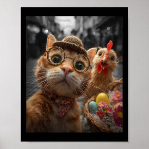 Cat And Chicken Selfie Funny Vintage Easter Eggs  Poster