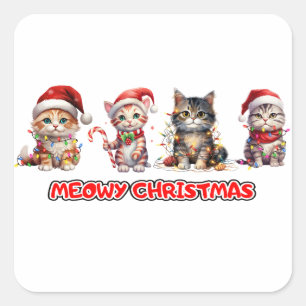 Cat and Christmas Lights Meowy Christmas Square Sticker
