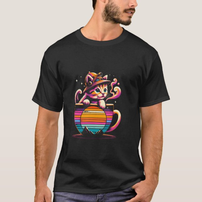 Cat and Coffee Sunset Adventure Vector T-Shirt (Front)
