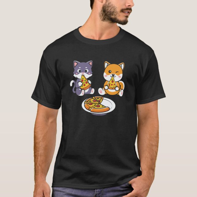 Cat And Corgi Dog Eating Pizza Kids T-Shirt (Front)