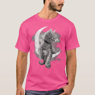 Cat And Crescent Moon Cute Cat Sit On The Moon  T-Shirt