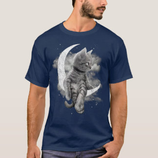 Cat And Crescent Moon Cute Cat Sit On The Moon  T-Shirt