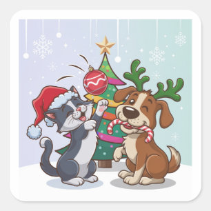 cat and dog are celebrating Christmas’s day Square Sticker