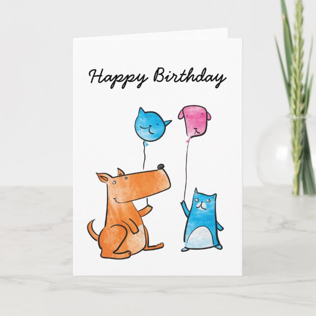 Cat and Dog Balloon Birthday Card (Front)