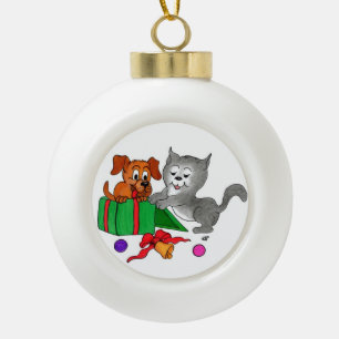 Cat and Dog Ceramic Ball Christmas Ornament