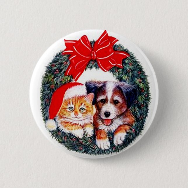 Cat and Dog Christmas Button (Front)
