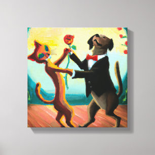 Cat and Dog Dancing Tango in Dance Club, AI Art Canvas Print
