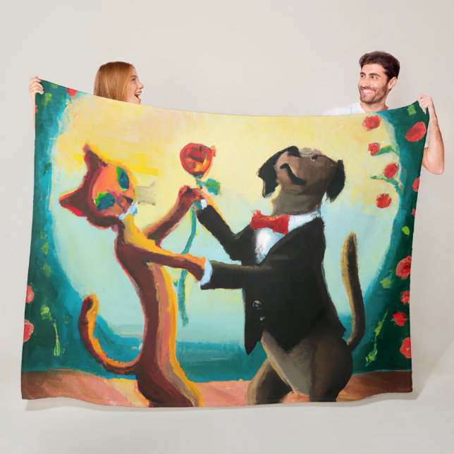 Cat and Dog Dancing Tango in Dance Club, AI Art Fleece Blanket (In Situ)