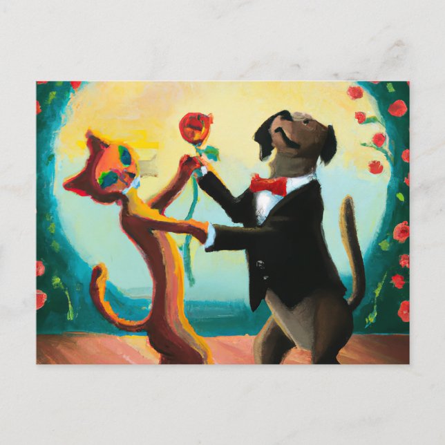 Cat and Dog Dancing Tango in Dance Club, AI Art Postcard (Front)