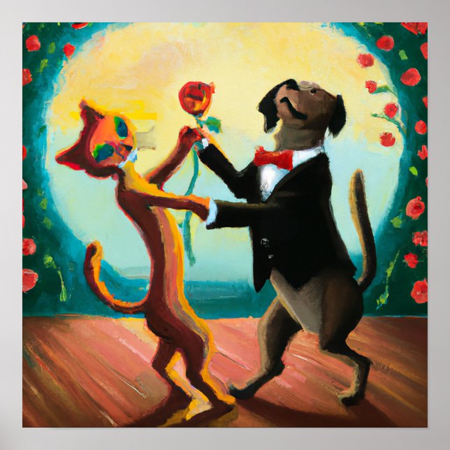 Cat and Dog Dancing Tango in Dance Club, AI Art Poster (Front)