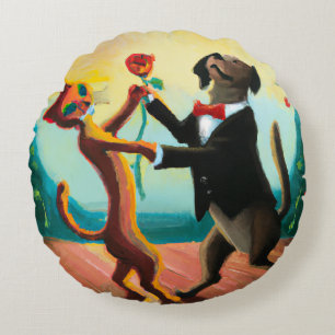 Cat and Dog Dancing Tango in Dance Club, AI Art Round Cushion