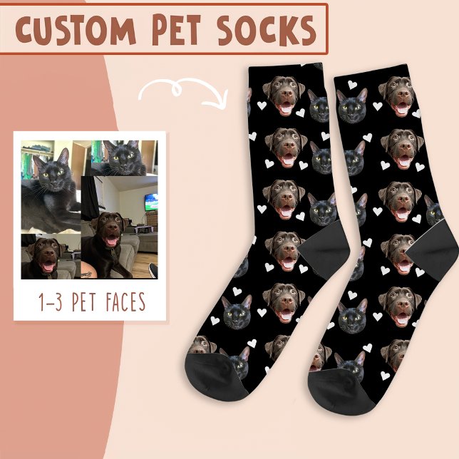 Cat And Dog Face Personalised, with Heart on Black Socks (Creator Uploaded)