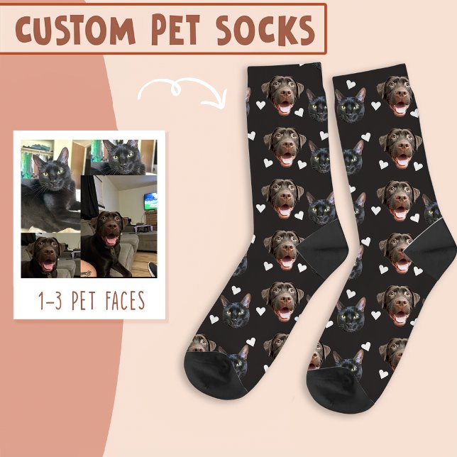 Cat And Dog Face Personalised, with Heart on Black Socks (Creator Uploaded)