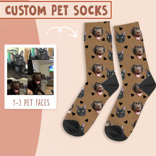 Cat And Dog Face Personalised, with Heart on Brown Socks