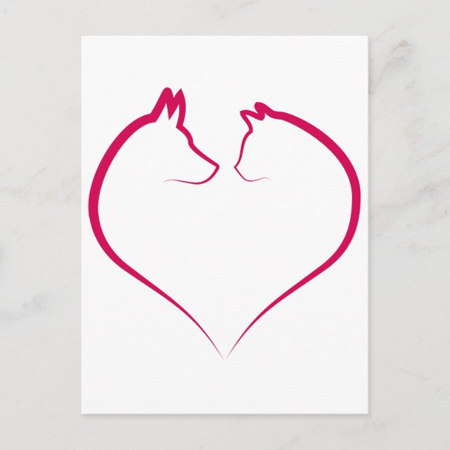Cat and dog faces in red heart silhouette postcard (Front)