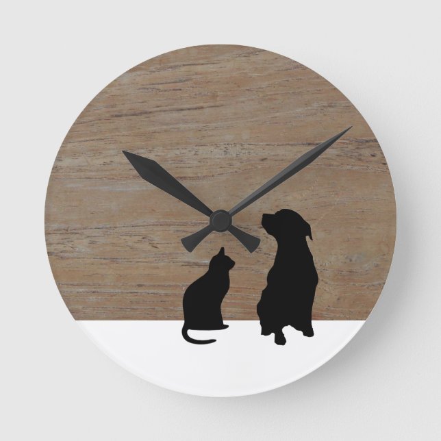 Cat and dog illustration silhouettes on wood round clock (Front)