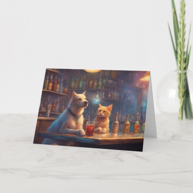 Cat and Dog in a bar talking things out birthday Card (Front)