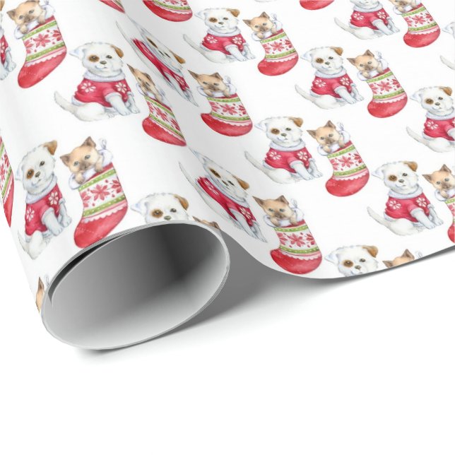 Cat and Dog in Christmas Stockings Wrapping Paper (Roll Corner)