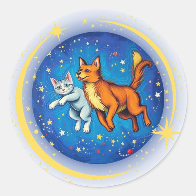 Cat and Dog in Space Classic Round Sticker (Front)
