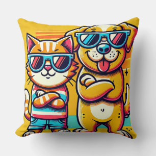 Cat and Dog in Sunglasses Posing Together Cushion