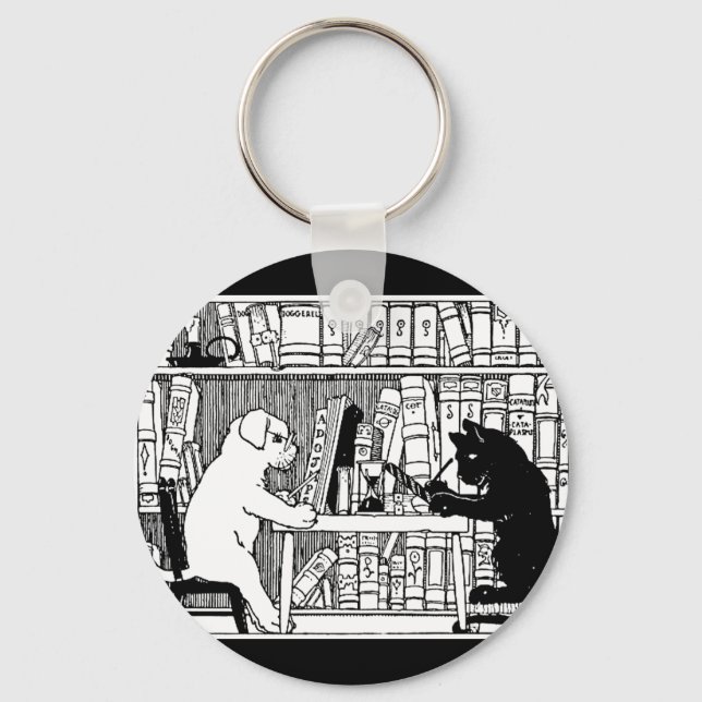 Cat and Dog in the Library Key Ring (Front)