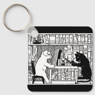 Cat and Dog in the Library Key Ring