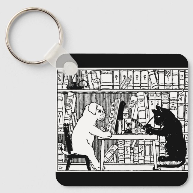 Cat and Dog in the Library Key Ring (Front)