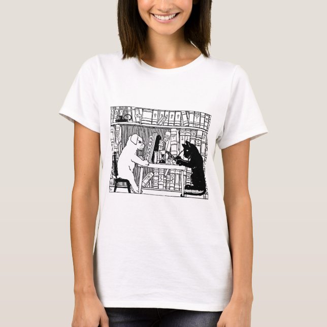 Cat and Dog in the Library T-Shirt (Front)