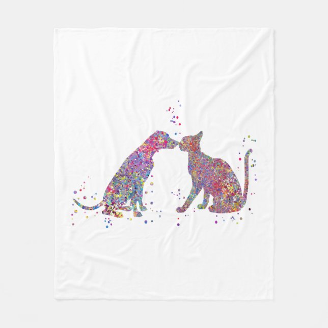 Cat and dog kissing  fleece blanket (Front)