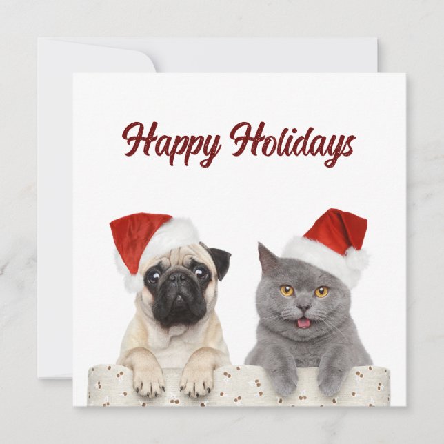 Cat And Dog Merry Christmas Happy Holiday Cards (Front)