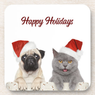 Cat And Dog Merry Christmas Happy Holiday  Coaster