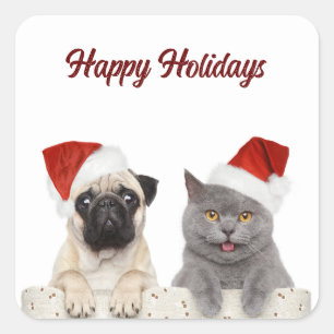 Cat And Dog Merry Christmas Happy Holiday Square Sticker