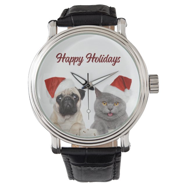 Cat And Dog Merry Christmas Happy Holiday  Watch (Front)
