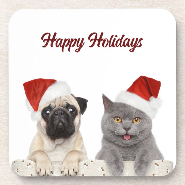 Cat and Dog Merry Christmas Holiday Coaster (Front)