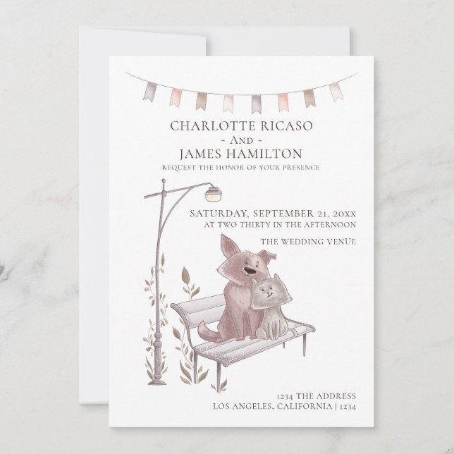 Cat And Dog on a Bench Animal Themed Wedding Announcement (Front)