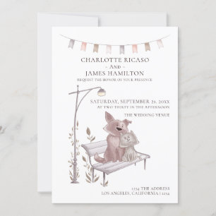 Cat And Dog on a Bench Animal Themed Wedding Announcement