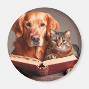 Cat and dog reading a book magnet